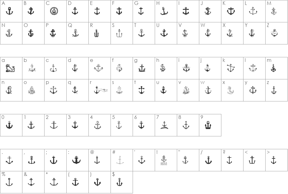 Anchor font character map preview