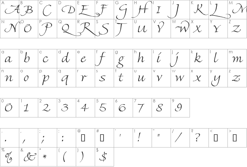 Finehand Swash Regular font character map preview