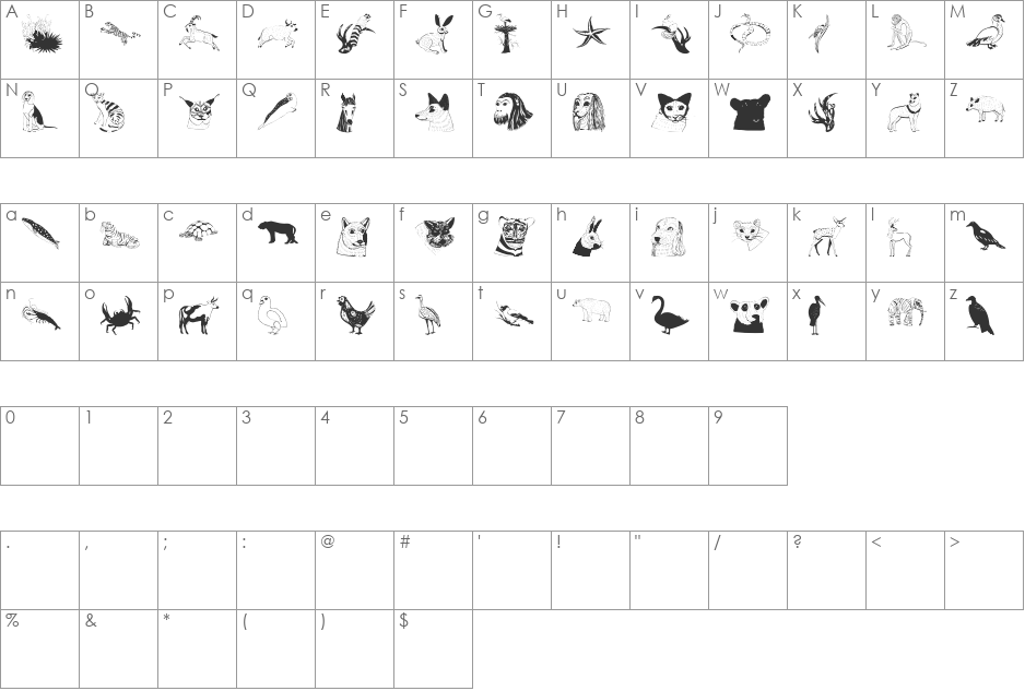 AbermalsAnimals font character map preview