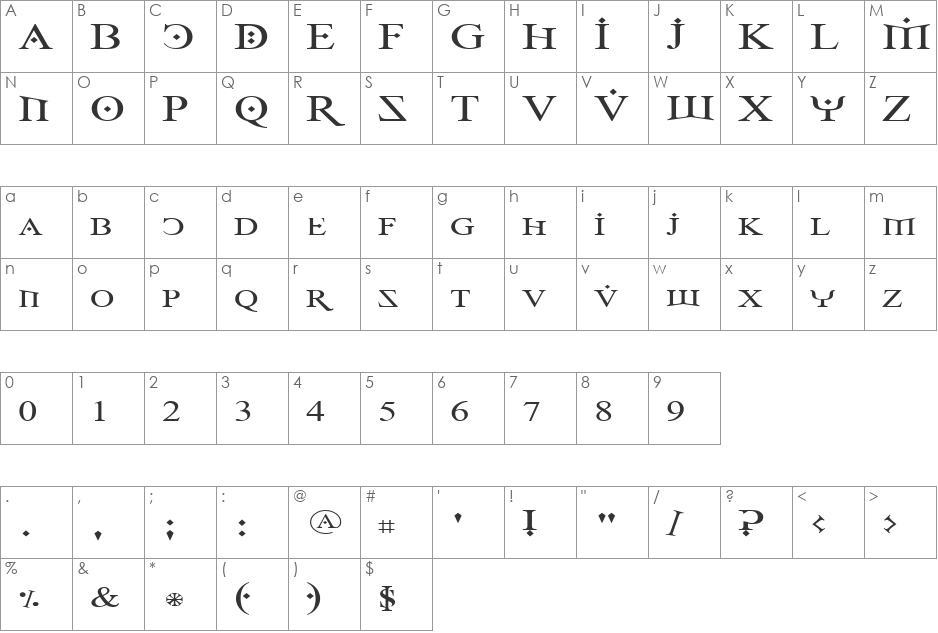 Fire Of Ysgard Wide font character map preview