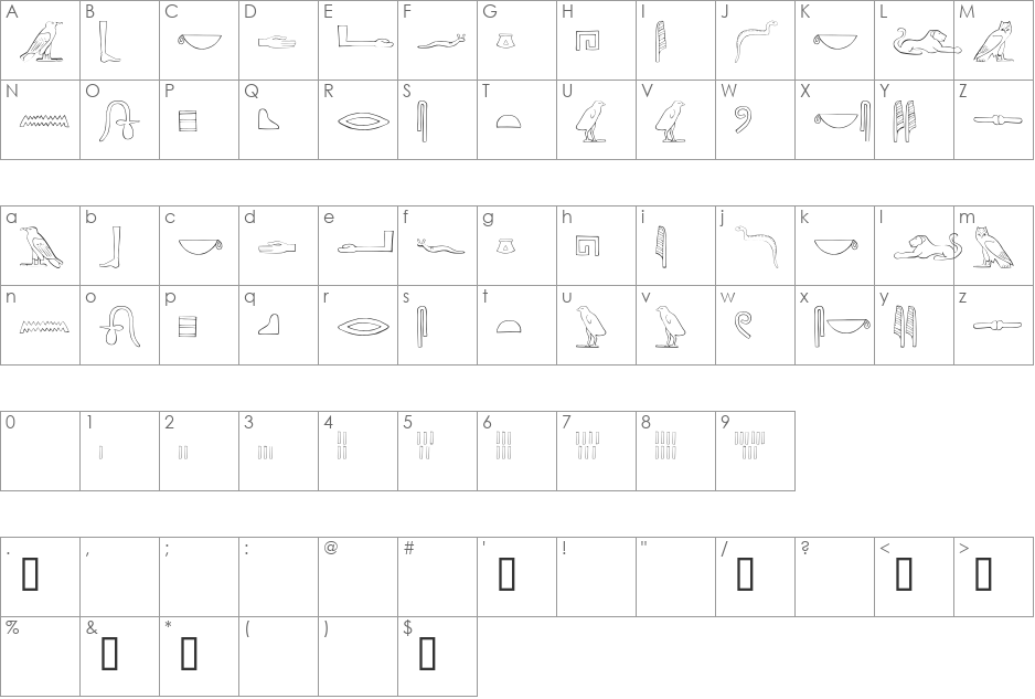 Ancient Egyptian Hieroglyphs font character map preview