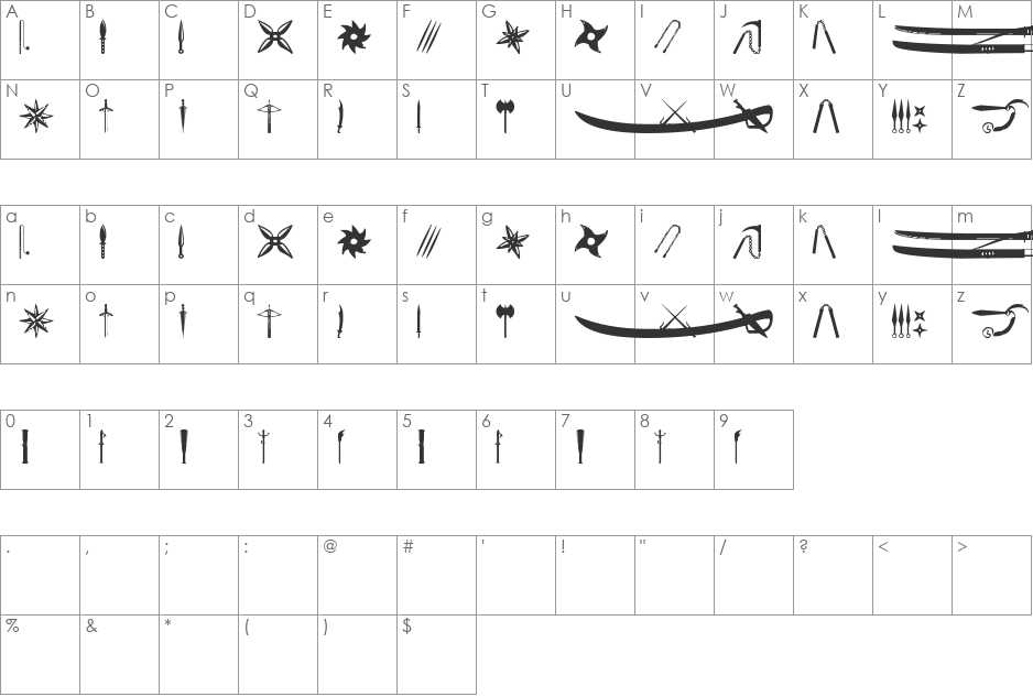 Ancient Weapons font character map preview