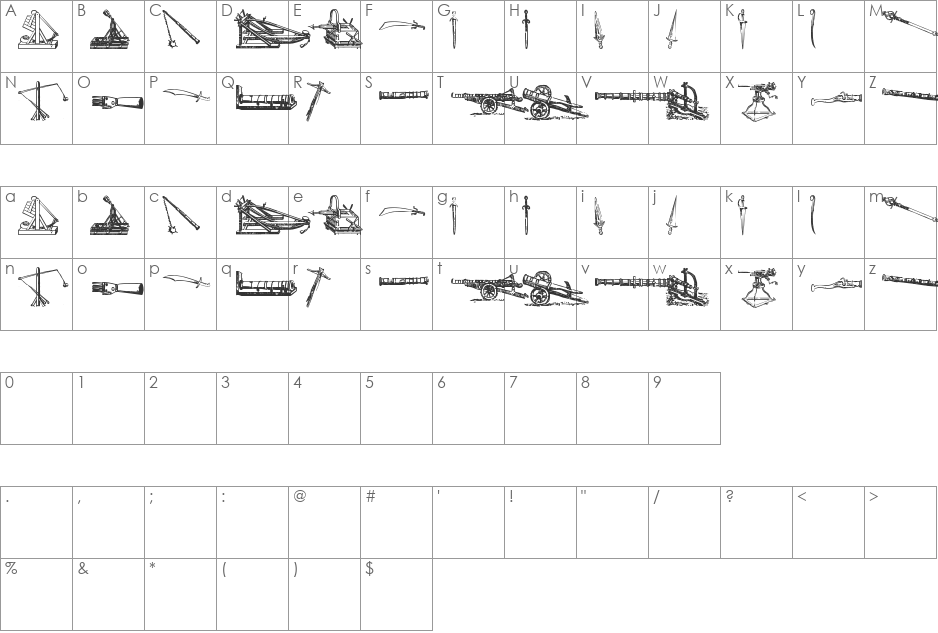 Ancient Weapons tfb font character map preview