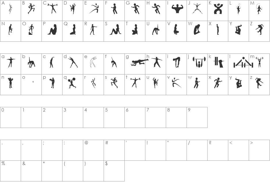 FitnessSilhouettes font character map preview