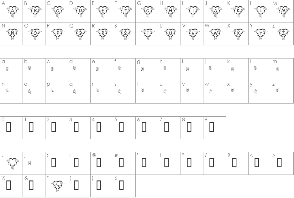 FL Heart Light font character map preview