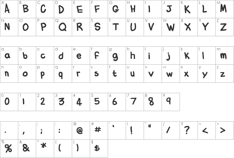 Flabby Bums handwriting font character map preview