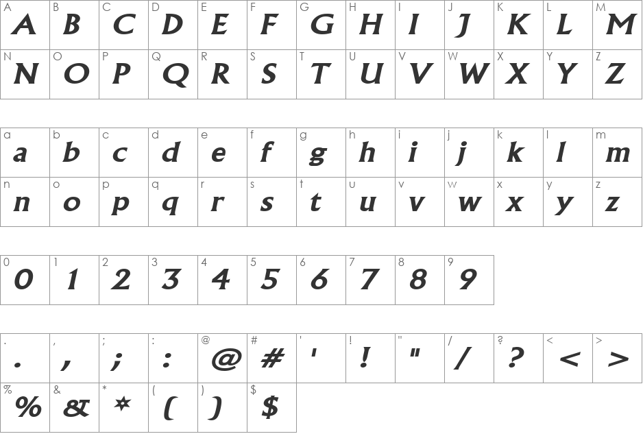 Flair Wide font character map preview
