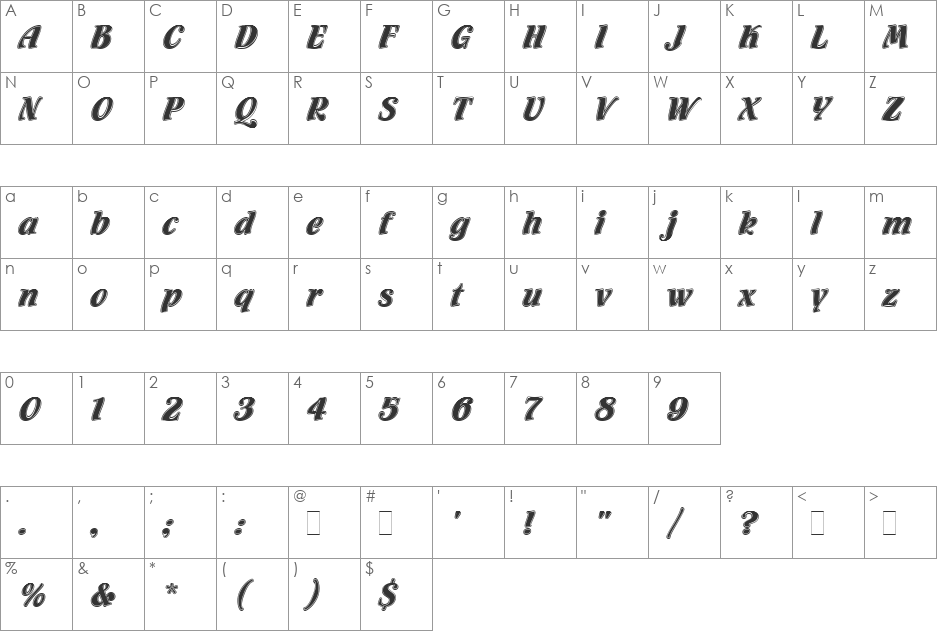 Flamenco Inline font character map preview