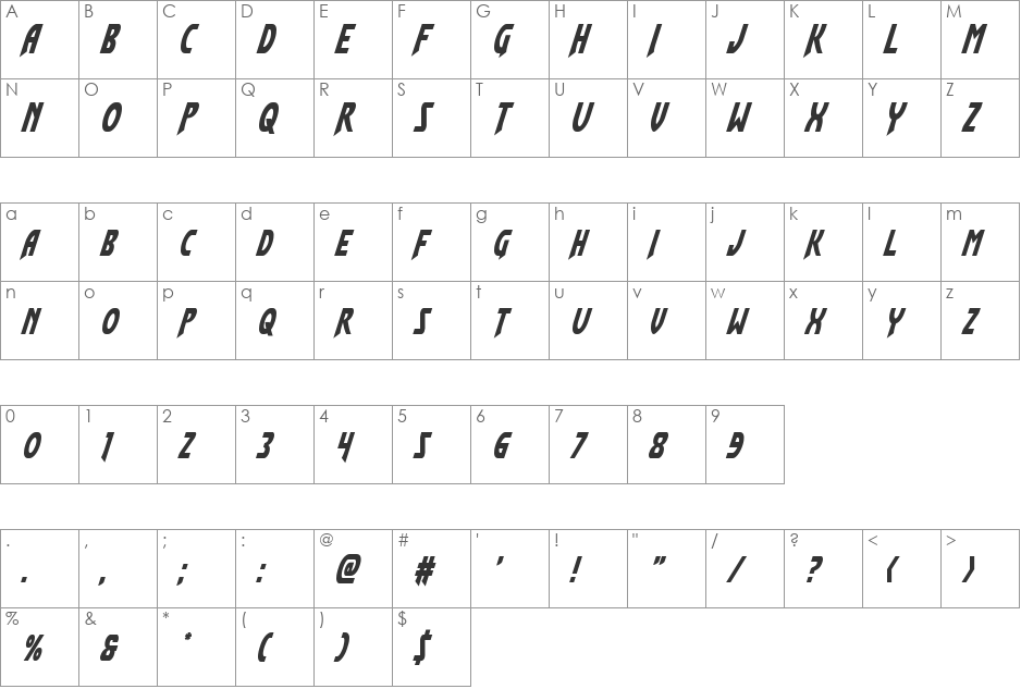Flash Rogers Condensed Italic font character map preview
