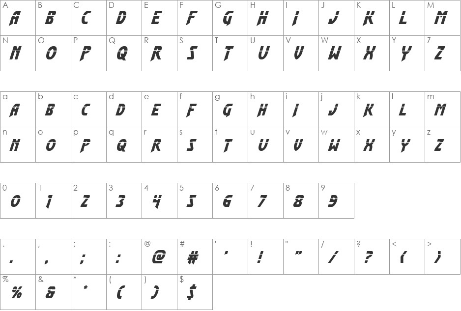 Flash Rogers Laser Italic font character map preview