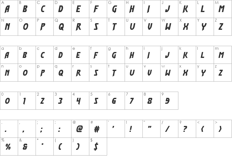 Flash Rogers Super-Italic font character map preview