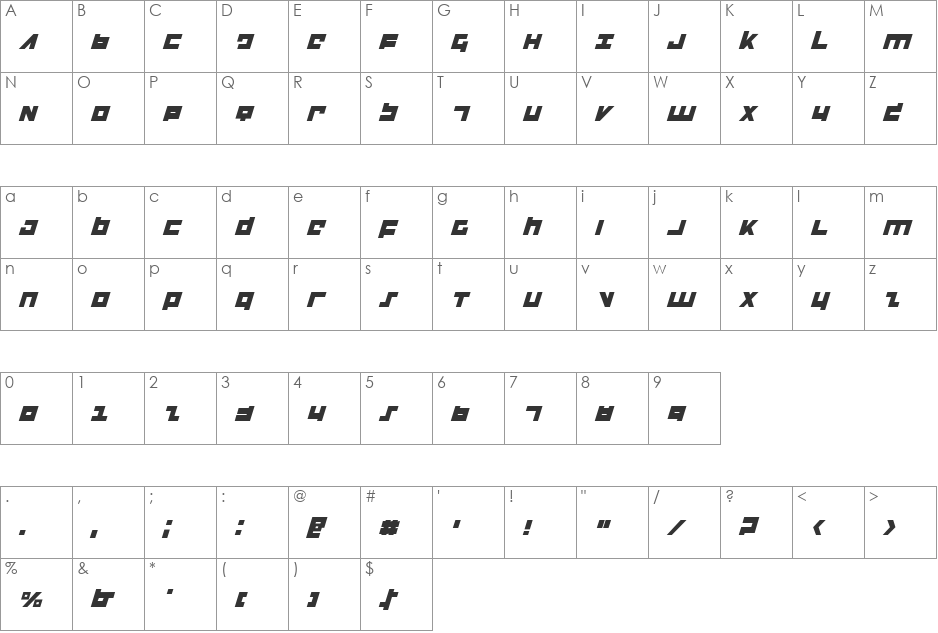 Flight Corps Italic font character map preview