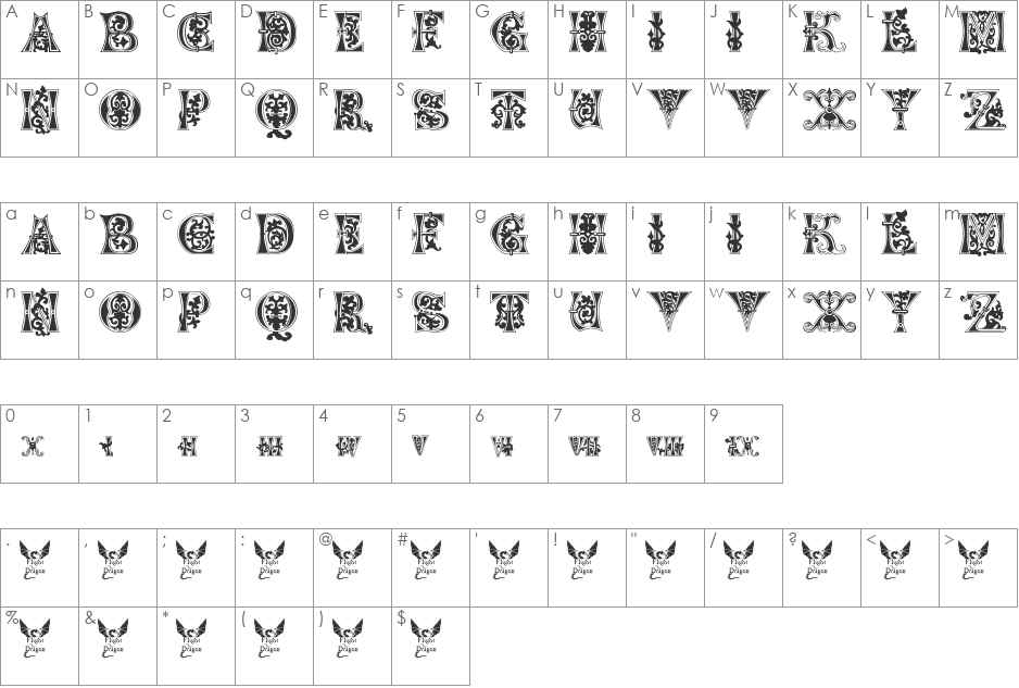 Floral Majuscules, 11th c. font character map preview