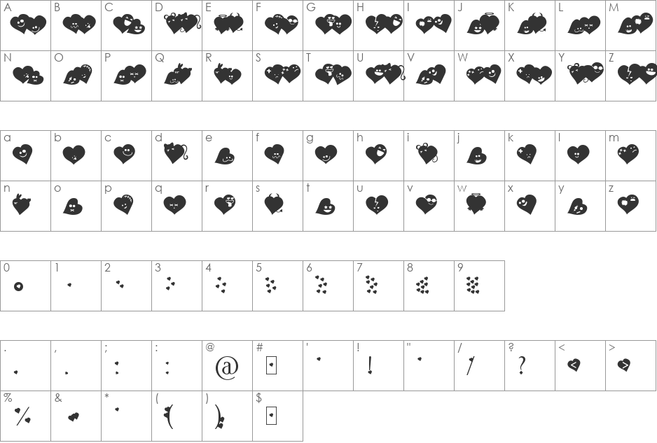 FluffyHeartsDing font character map preview