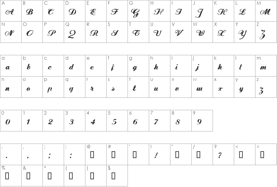 FLW Script font character map preview