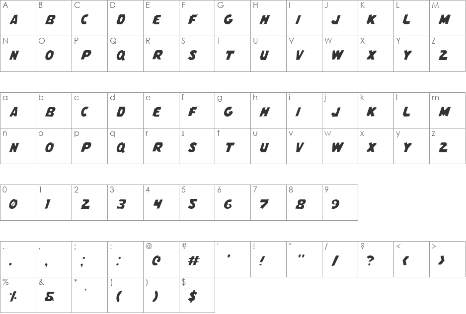 Flying Leatherneck Light font character map preview