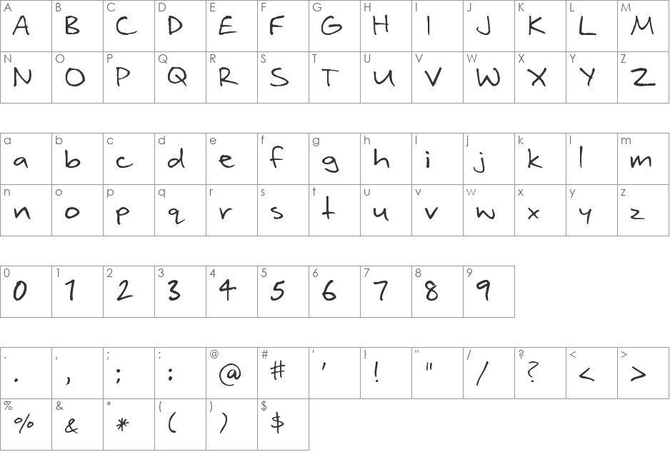 AndreaWriting font character map preview