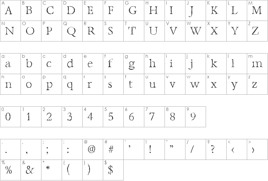 AndrewBeckerAntique-Xlight font character map preview
