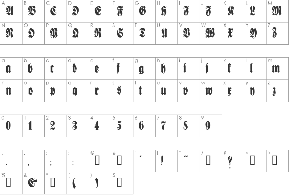 Fractur font character map preview