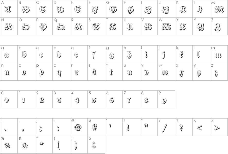 Fraktur Shadowed font character map preview