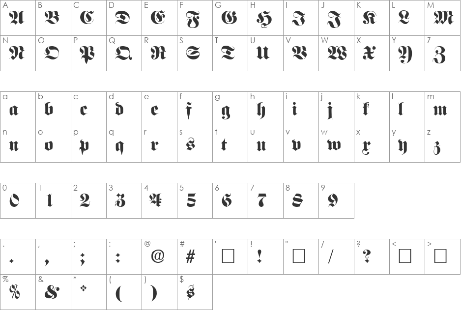 FrakturFett font character map preview