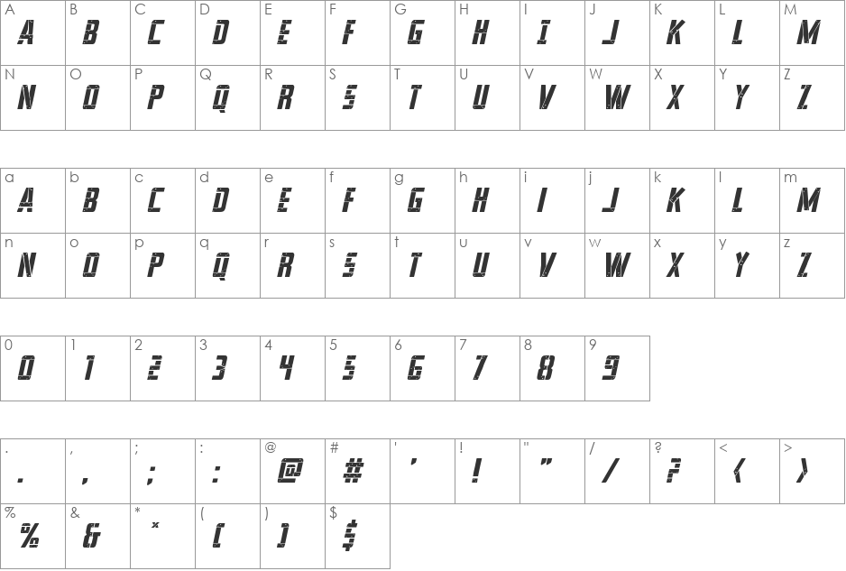 Frank-n-Plank Italic font character map preview