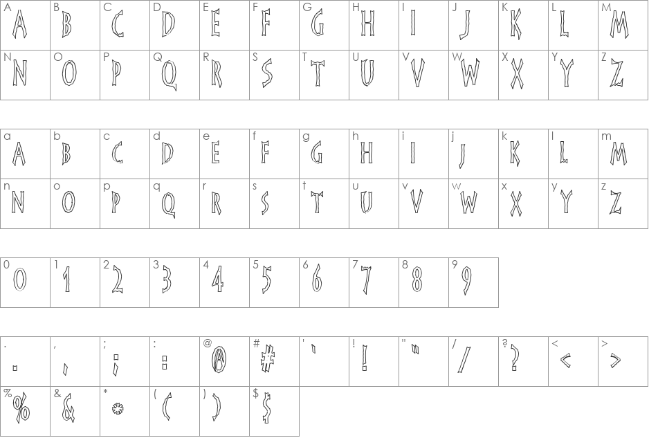 FrankenDork Hollow font character map preview