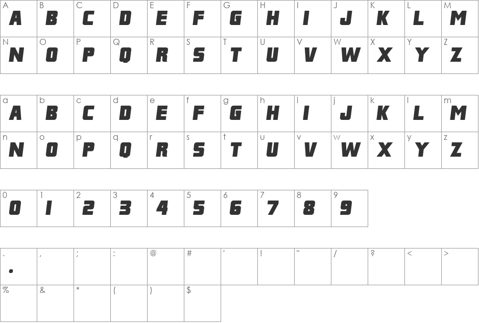 Franklin M54 font character map preview