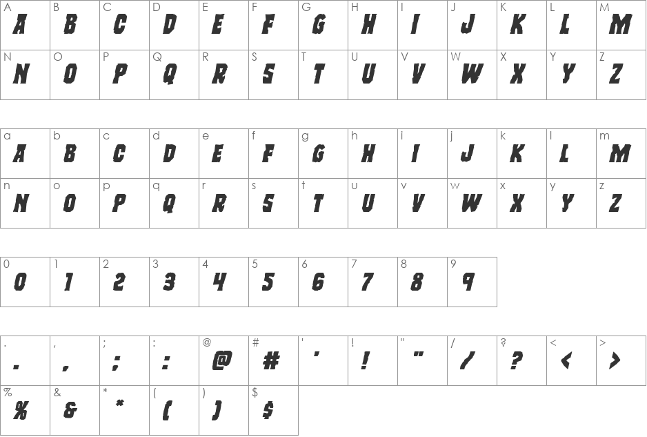 Freakfinder Expanded Italic font character map preview