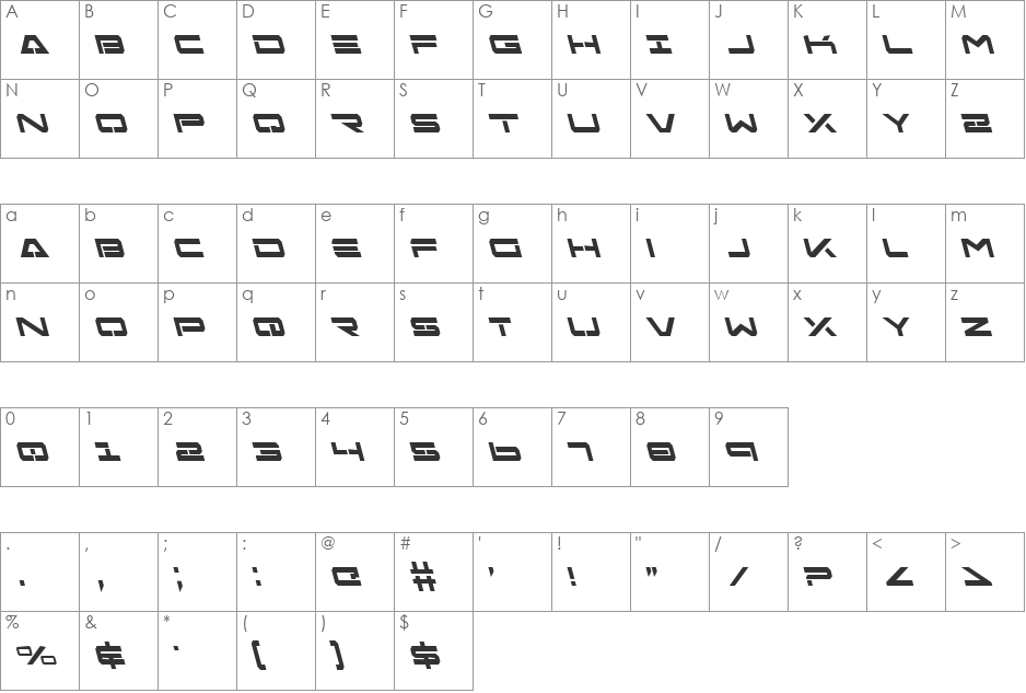 Agent Bold Leftalic font character map preview