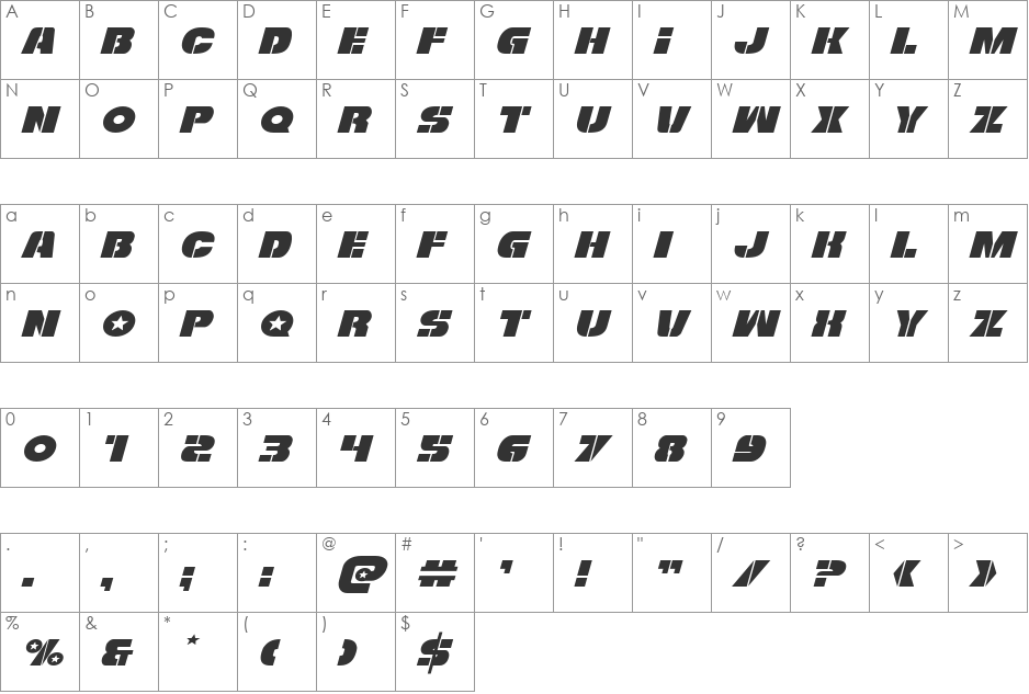 Freedom Fighter Expanded Italic font character map preview