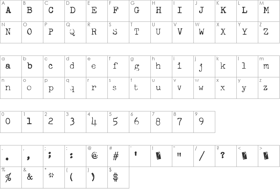FreekyTypewriter font character map preview