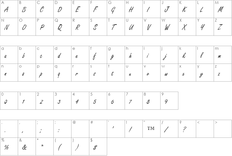 FreestyleScript-Thin font character map preview