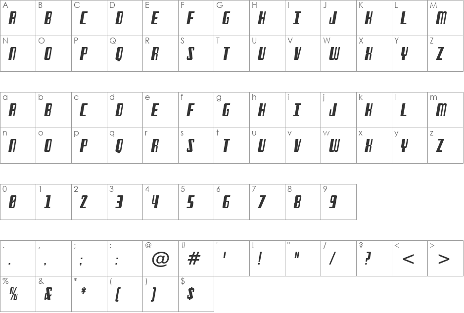 Freezer BTN Condensed font character map preview
