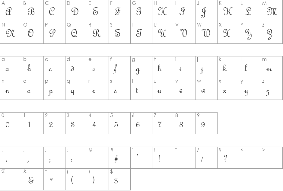 French Script AT font character map preview