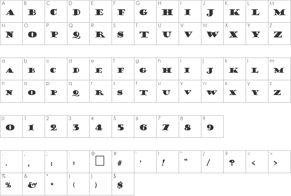 Frisky font character map preview