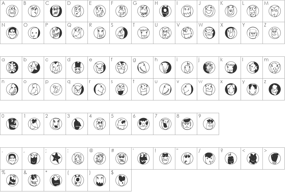 Frontal-Buttons font character map preview