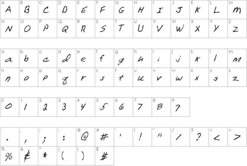 FrostysHand font character map preview