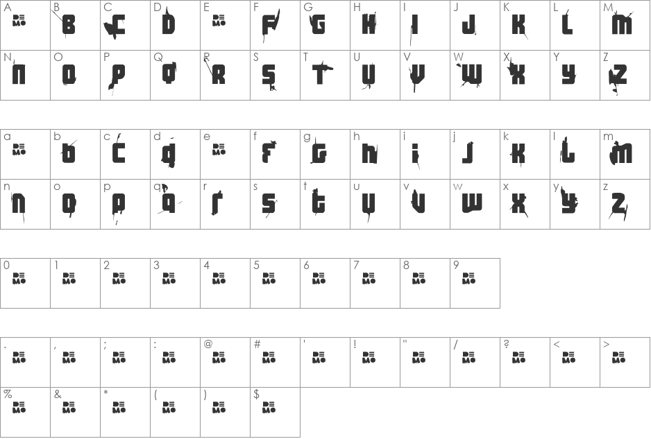 FT 3 the hard way RMXwhippedDEM font character map preview