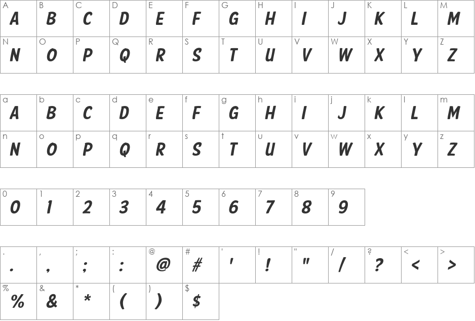 FTY SPEEDY CASUAL NCV font character map preview