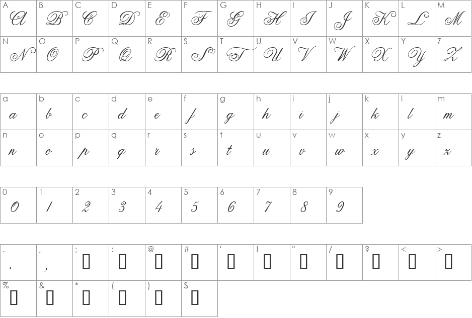 Anglia Script Concise font character map preview