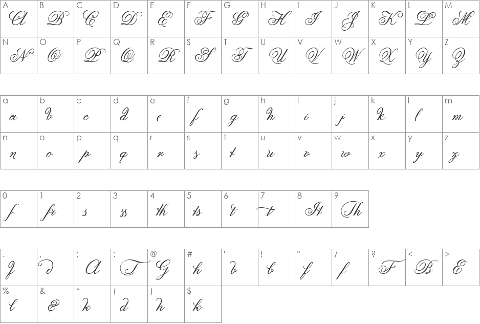 Anglia Script Enhancements font character map preview
