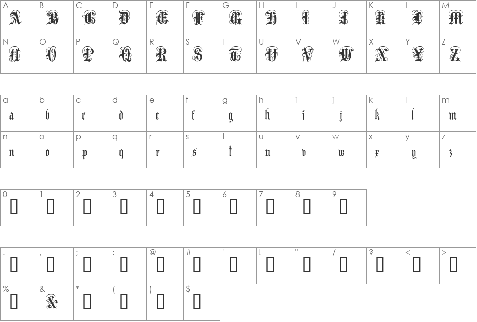 Anglo Text font character map preview