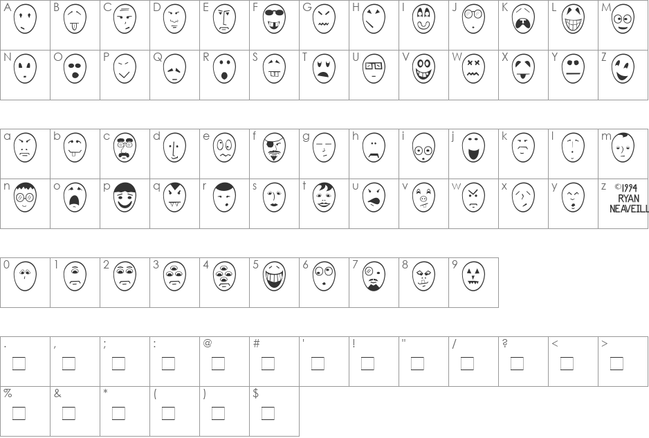 Funny Face font character map preview