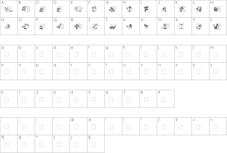 FunnyPets font character map preview