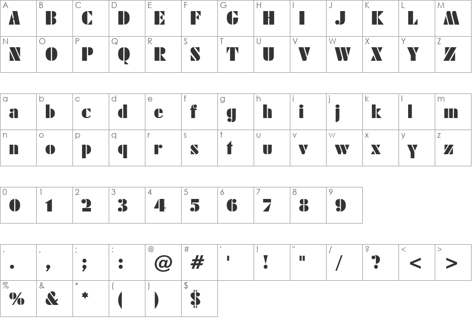 FuturaBlack Win95BT font character map preview