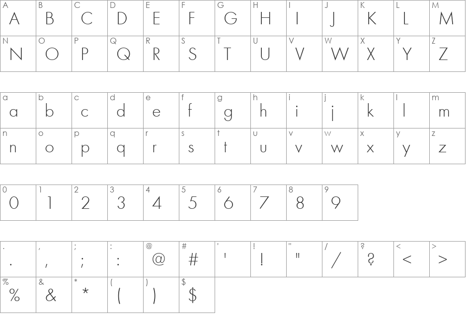 FuturaLightCTT font character map preview