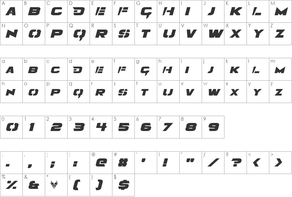 Angolmois font character map preview