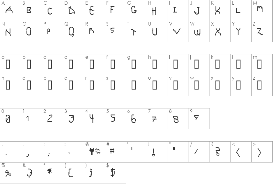 Futurex Schizmatic font character map preview
