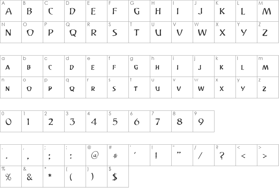 Angus 39 DB font character map preview